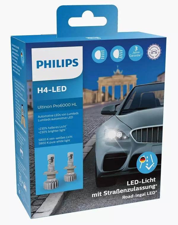 Philips H4 LED 12V 18W P43t Ultinon Pro6000 5800K 2St. Godkjent for vei