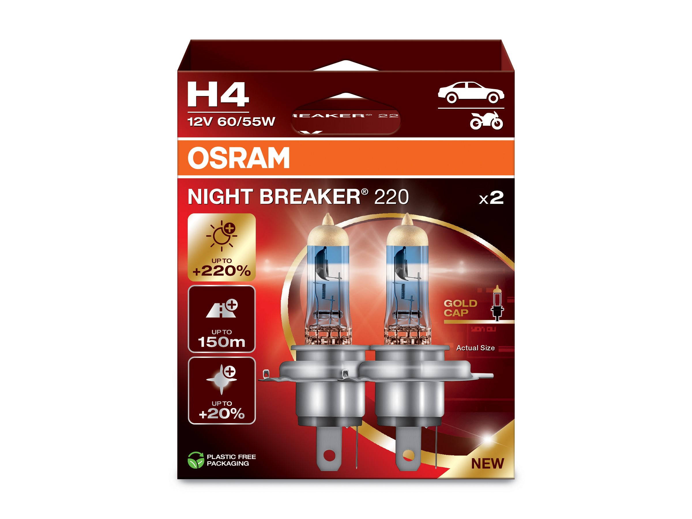 Nyhet! Osram H4 55W Night Breaker +220% 2 stk (12V)