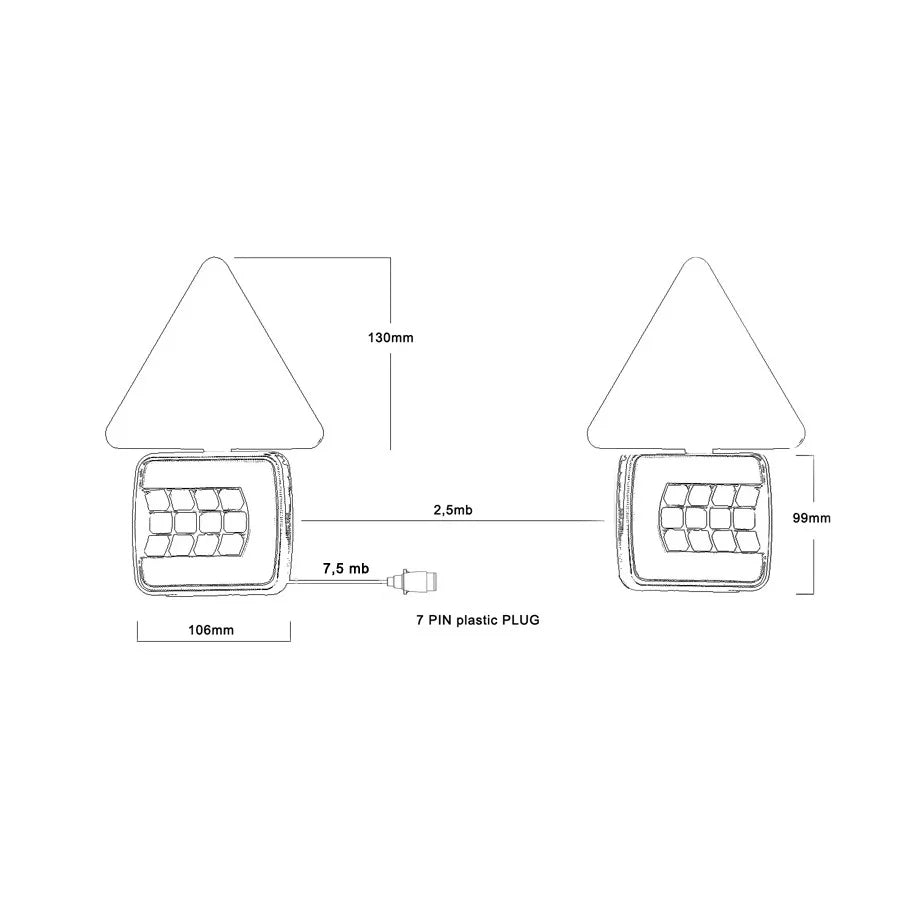 Tilhengerlys -LEDsett med 2 lys, varseltriangel, 7,5 m kabel, kontakt.